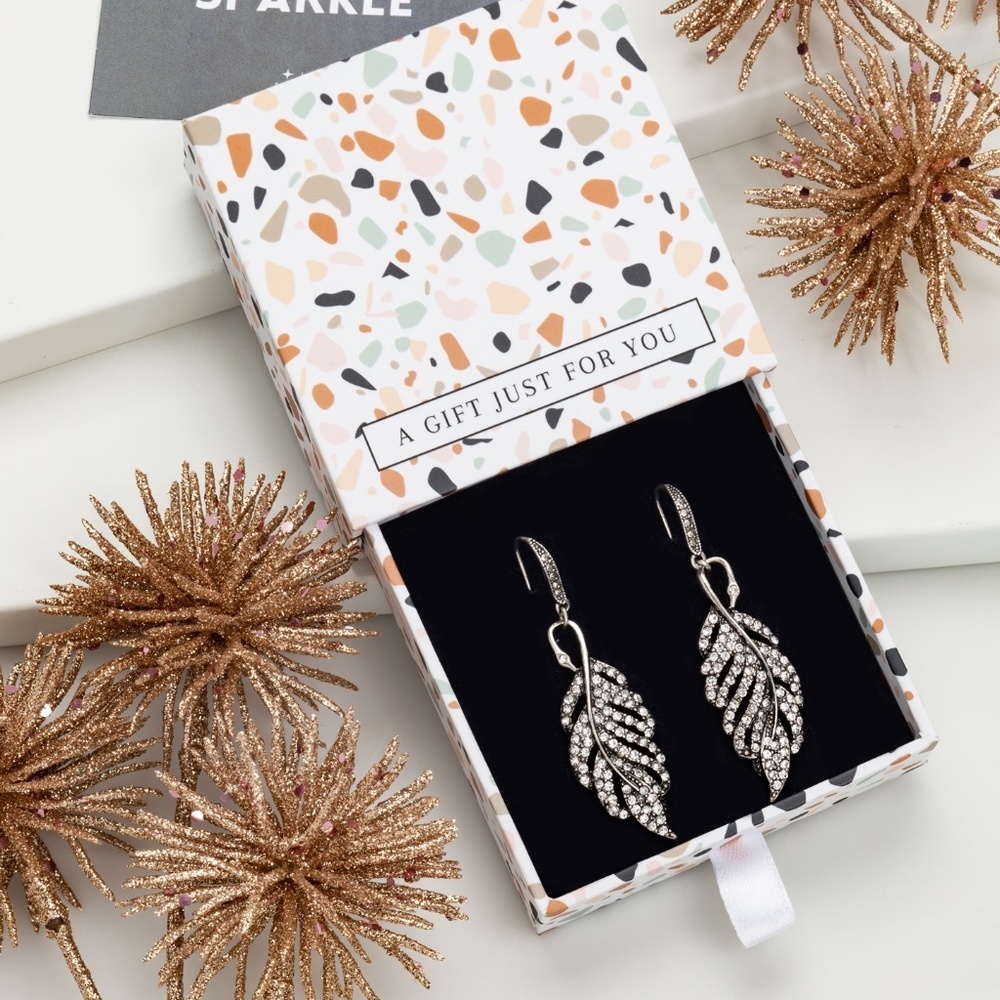 Feather Crystal Drop Earrings – NWT – Gift Box Included